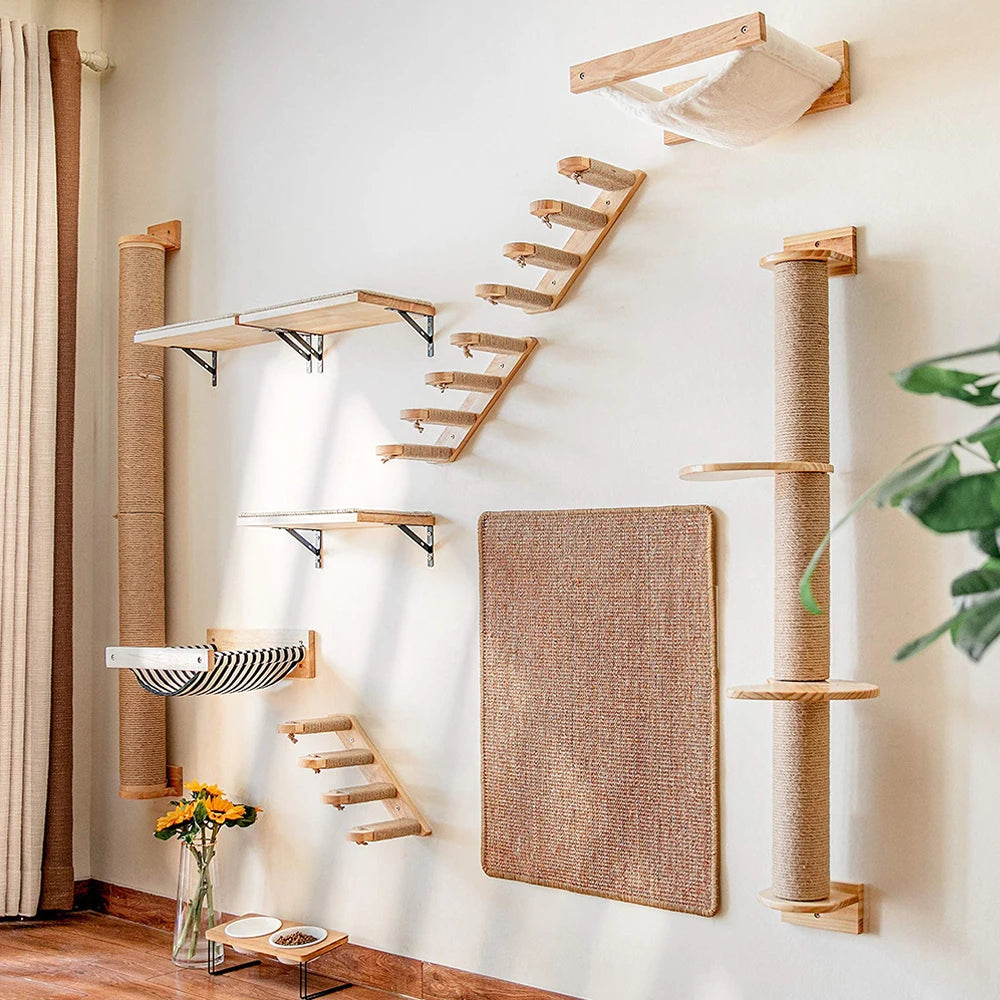 Cat Climbing Shelf Wall Mounted Four Step Stairway with Sisal Scratching Post for Cats Tree Tower Platform Jumping Pet Furniture