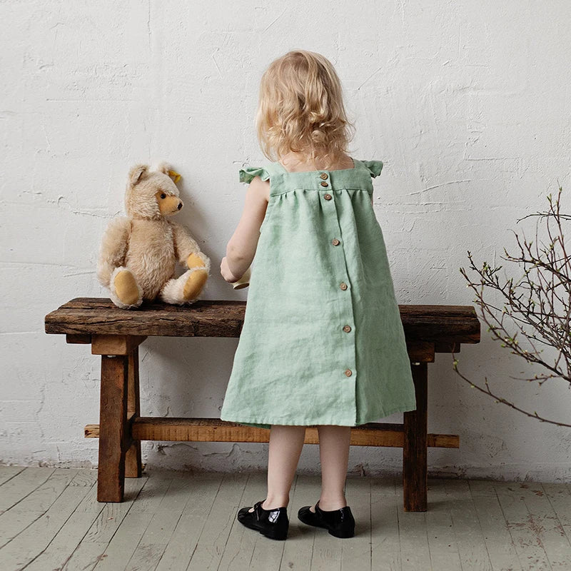 Girls Cotton and Linen Strap Dress Summer New Style Children&