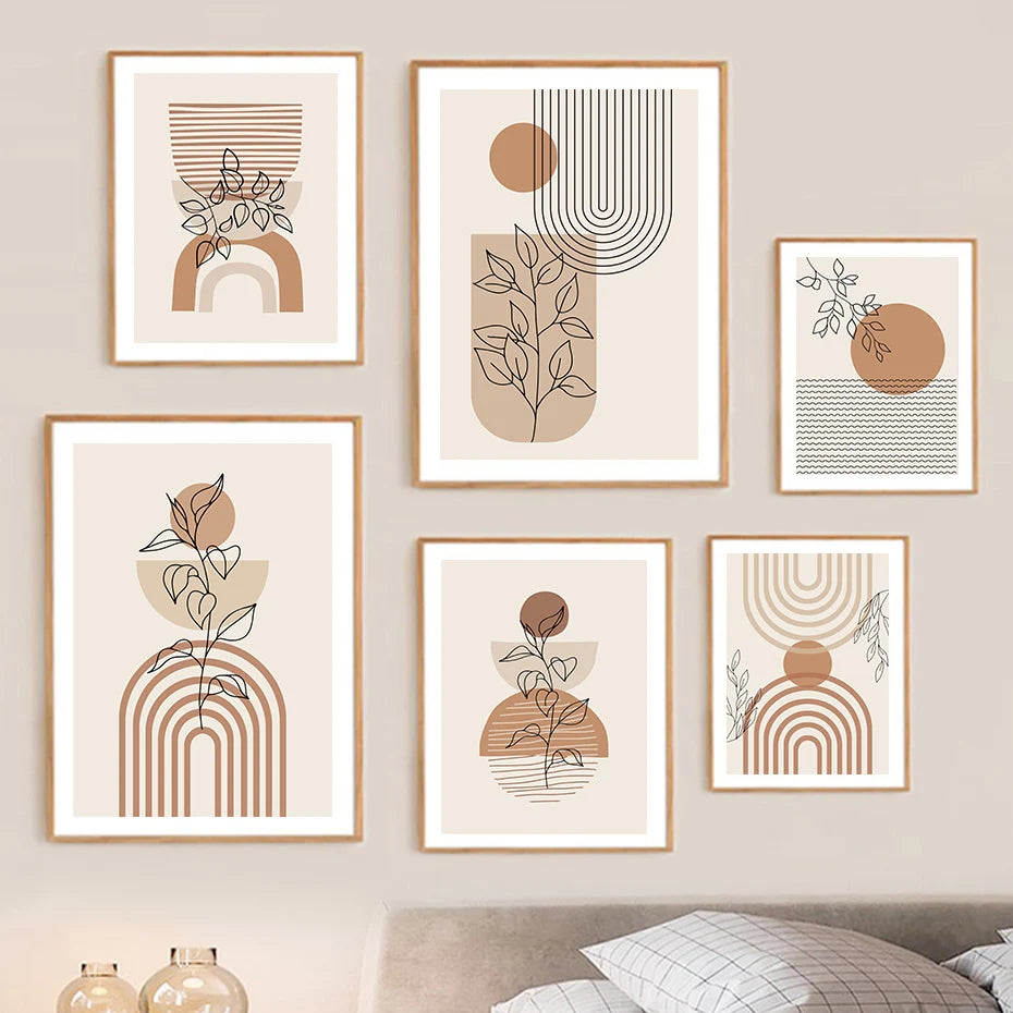Boho Rainbow Sun Beige Abstract Leaves Poster Canvas Painting Wall Art Print Pictures Bedroom Living Room Interior Home Decor