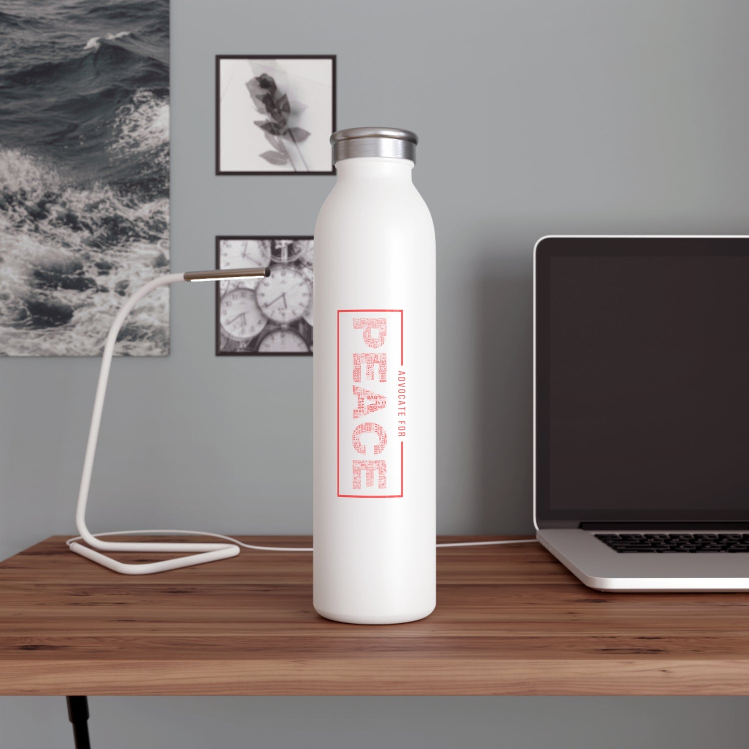 Slim Water Bottle "Advocate for Peace", White