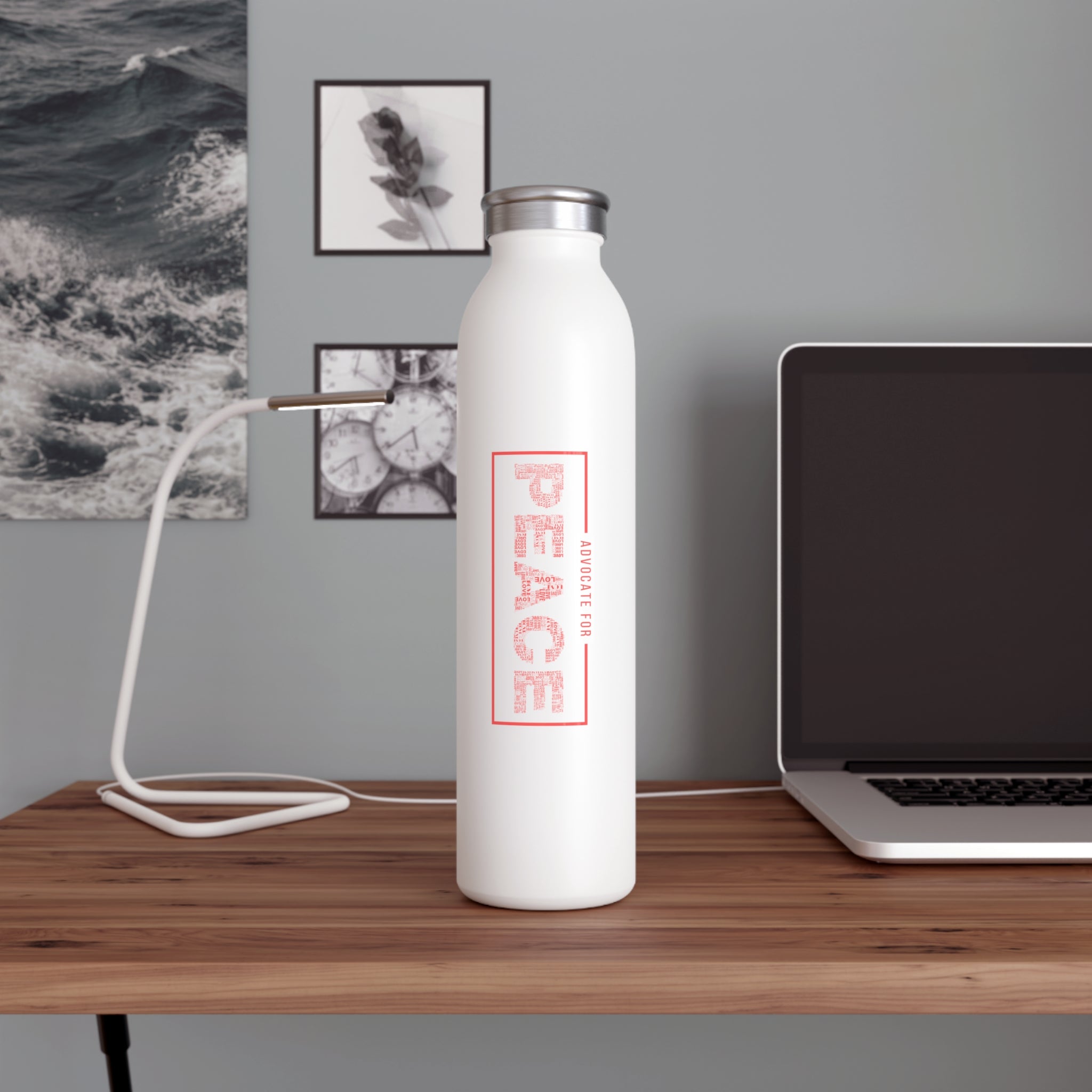 Slim Water Bottle "Advocate for Peace", White