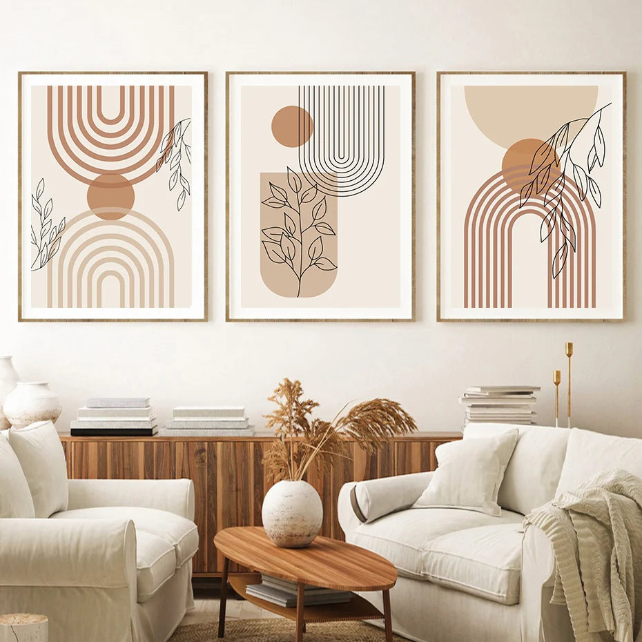 Boho Rainbow Sun Beige Abstract Leaves Poster Canvas Painting Wall Art Print Pictures Bedroom Living Room Interior Home Decor