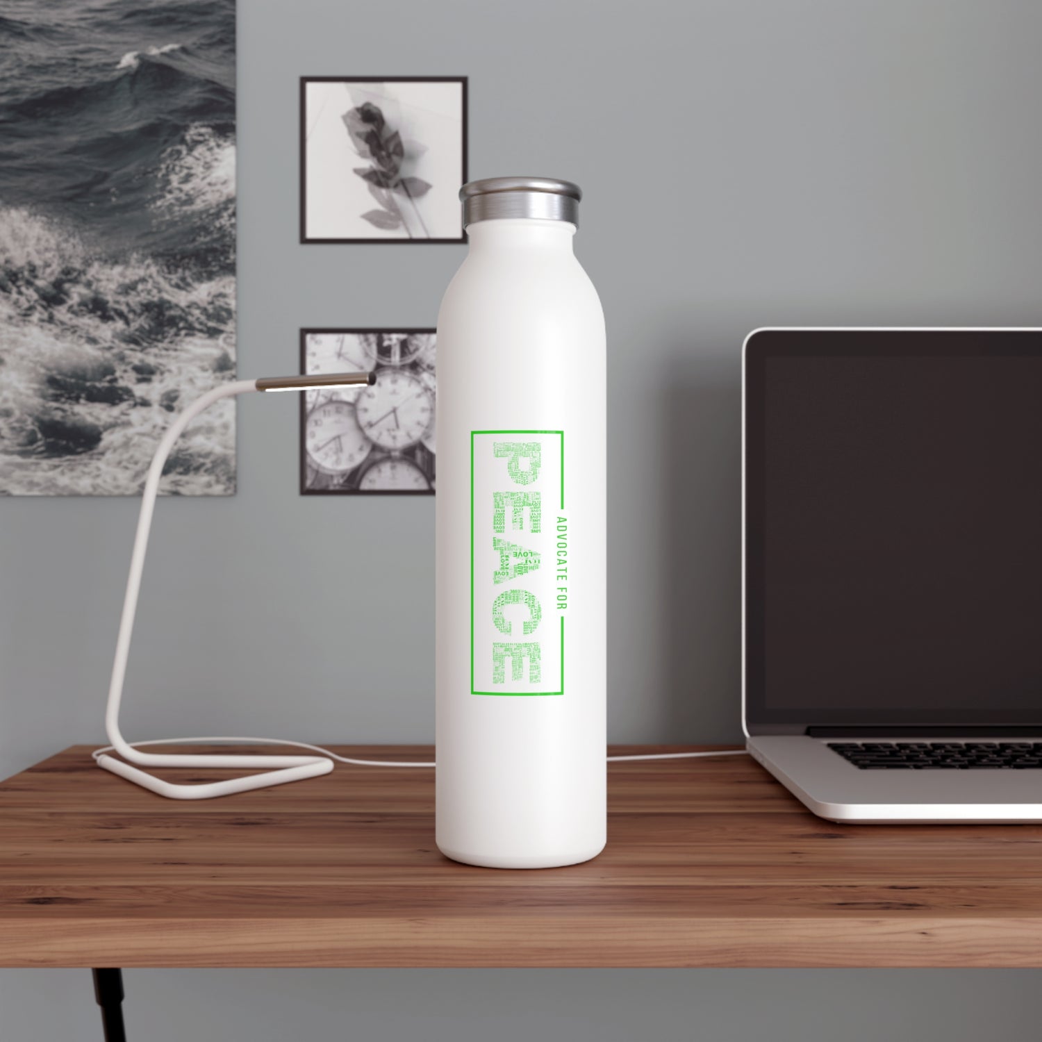 Slim Water Bottle, "Advocate for Peace" White