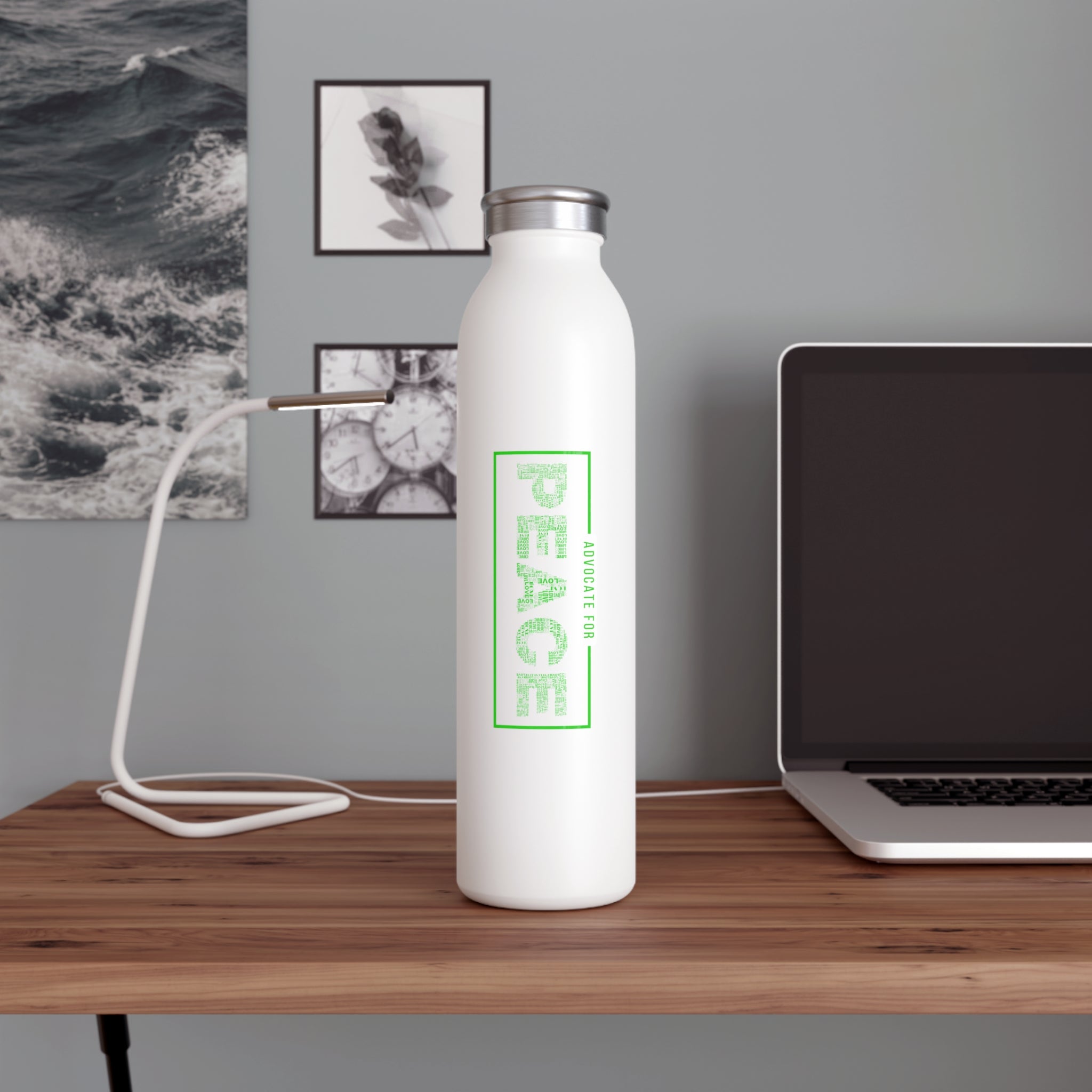 Slim Water Bottle, "Advocate for Peace" White