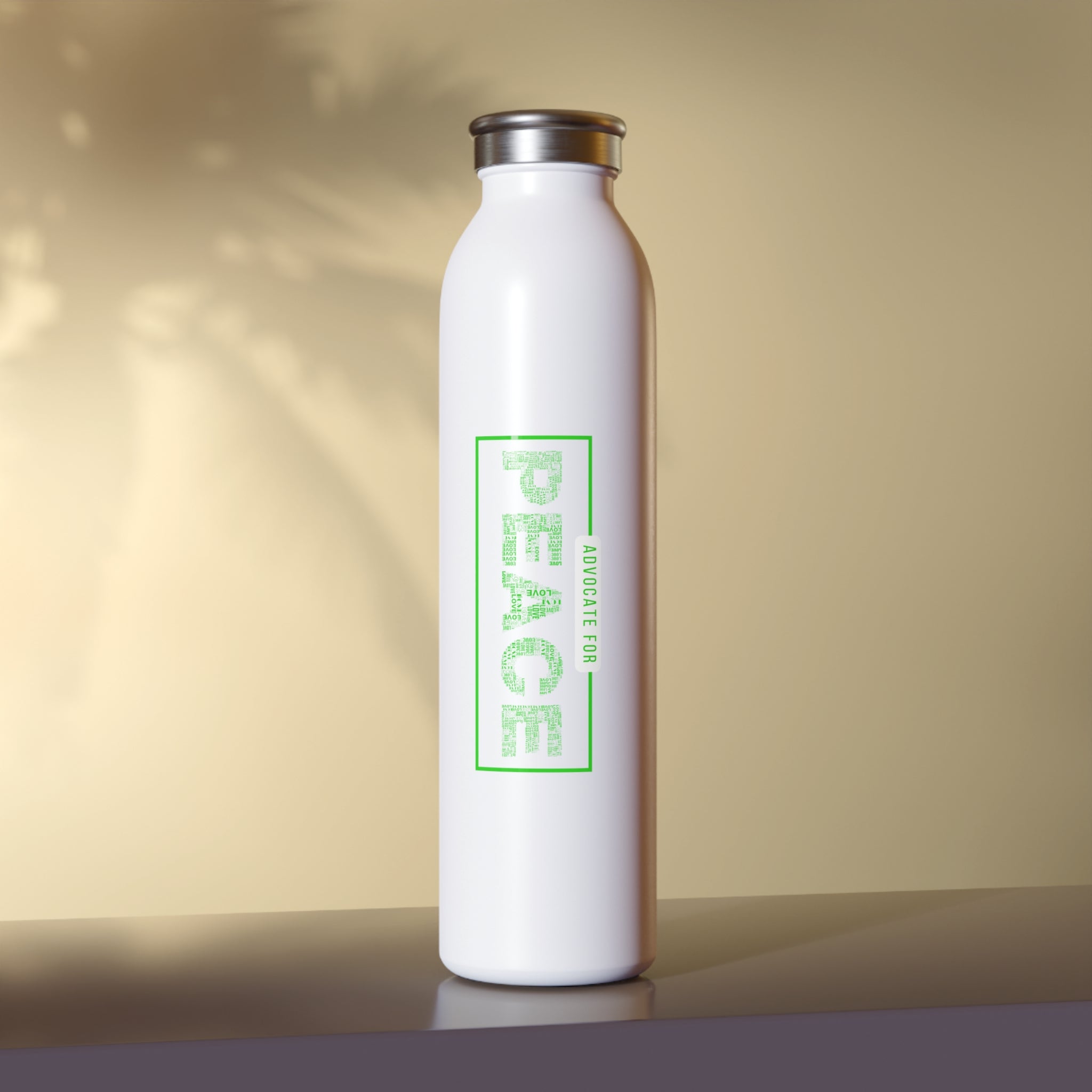 Slim Water Bottle, "Advocate for Peace" White