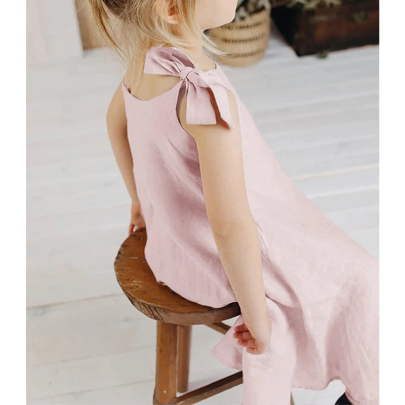 Girls Linen Adjustable Ribbon Dress Summer New Children&