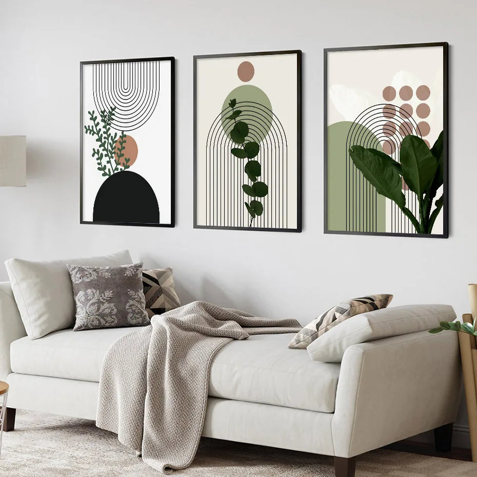 3Pcs Modern Abstract Green Plants Leaf Sun Lines Wall Boho Art Canvas Painting Posters Prints Pictures Living Room Decor Gifts