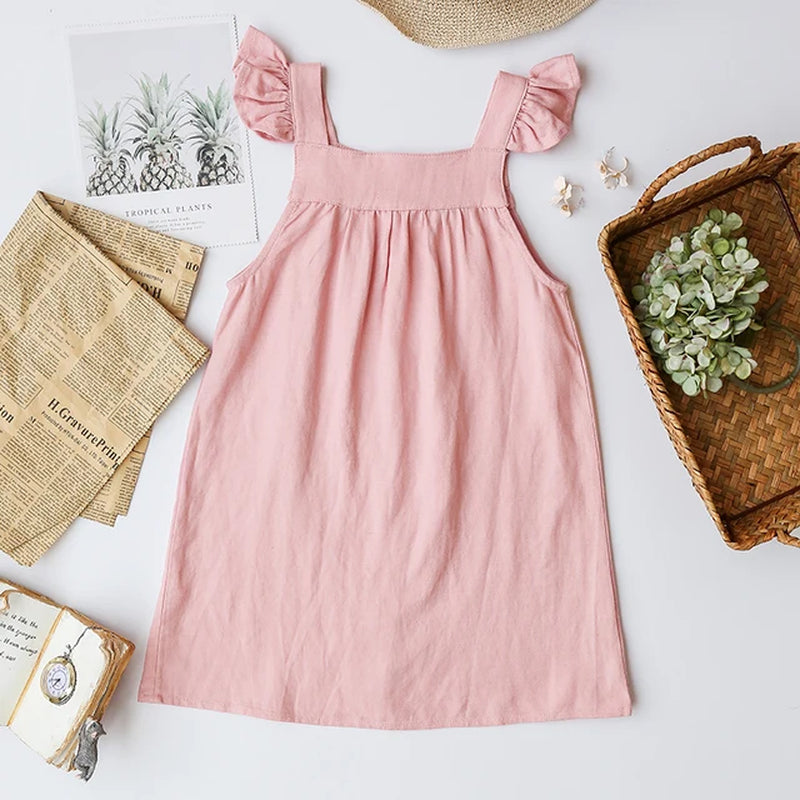 Girls Cotton and Linen Strap Dress Summer New Style Children&