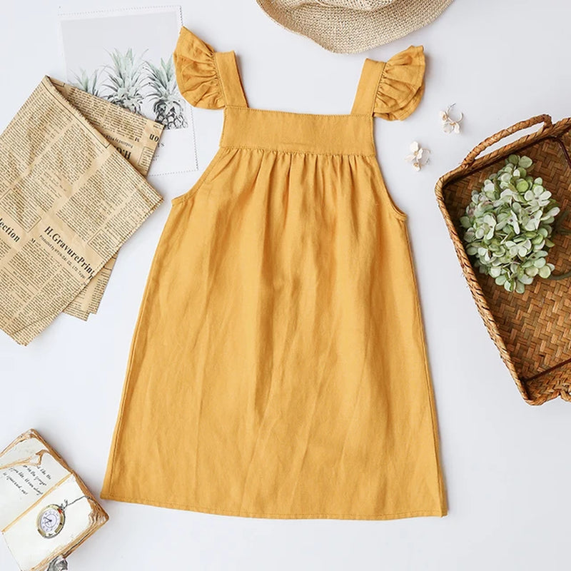 Girls Cotton and Linen Strap Dress Summer New Style Children&