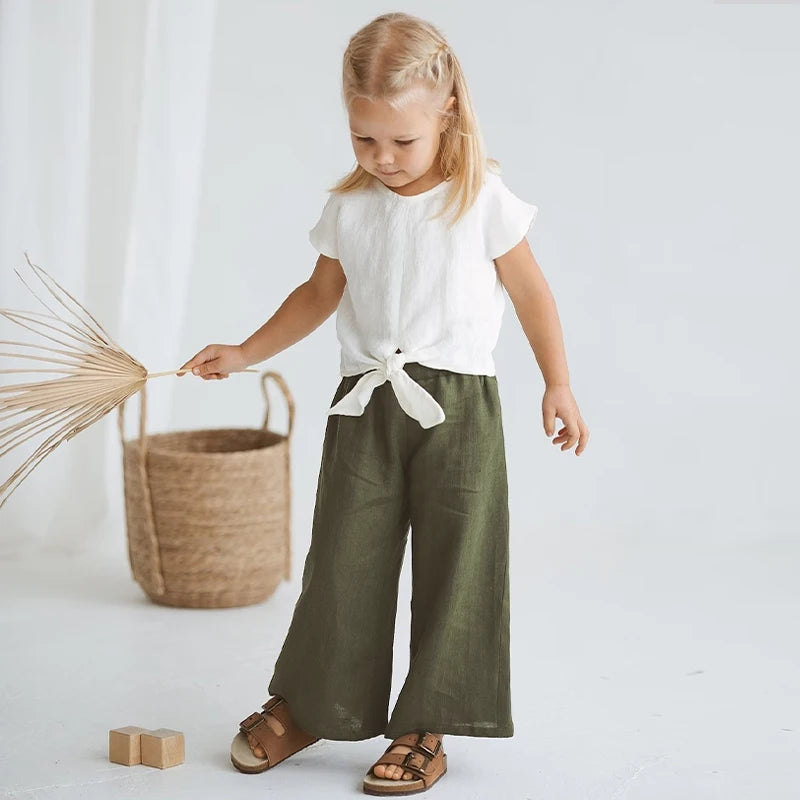 Retro Cotton and Linen Loose Wide-Legged Pants for Girls Summer New Children&
