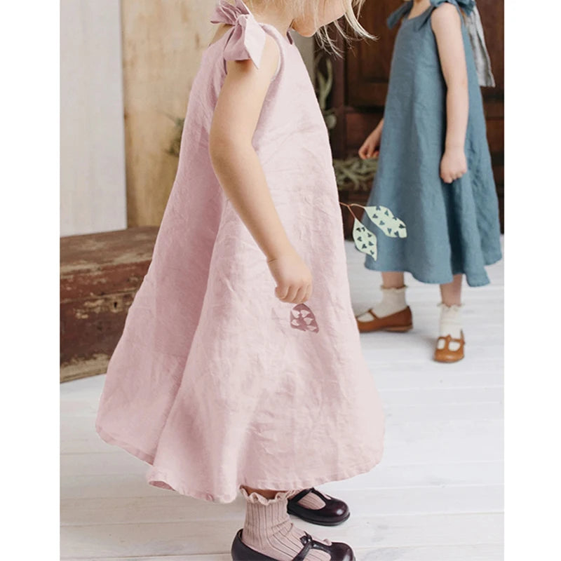 Girls Linen Adjustable Ribbon Dress Summer New Children&