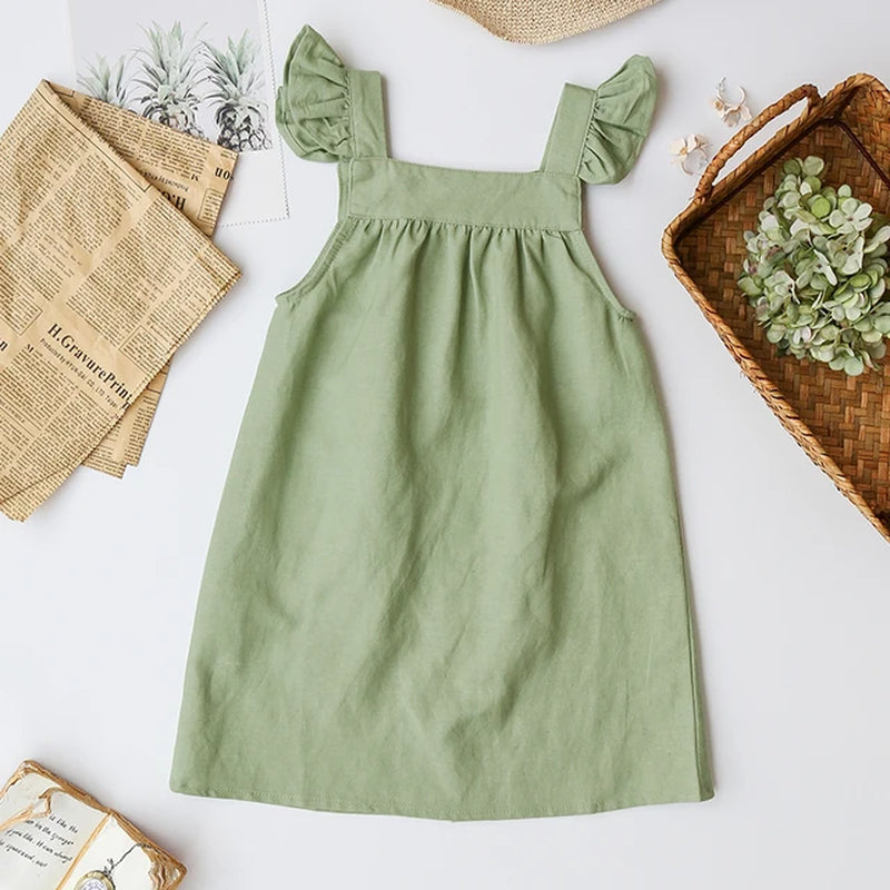 Girls Cotton and Linen Strap Dress Summer New Style Children&