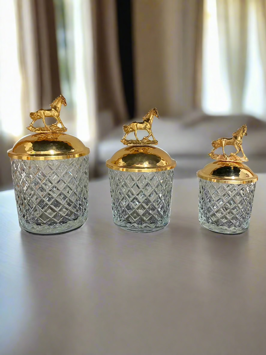 3 piece set, Glass/Golden horse