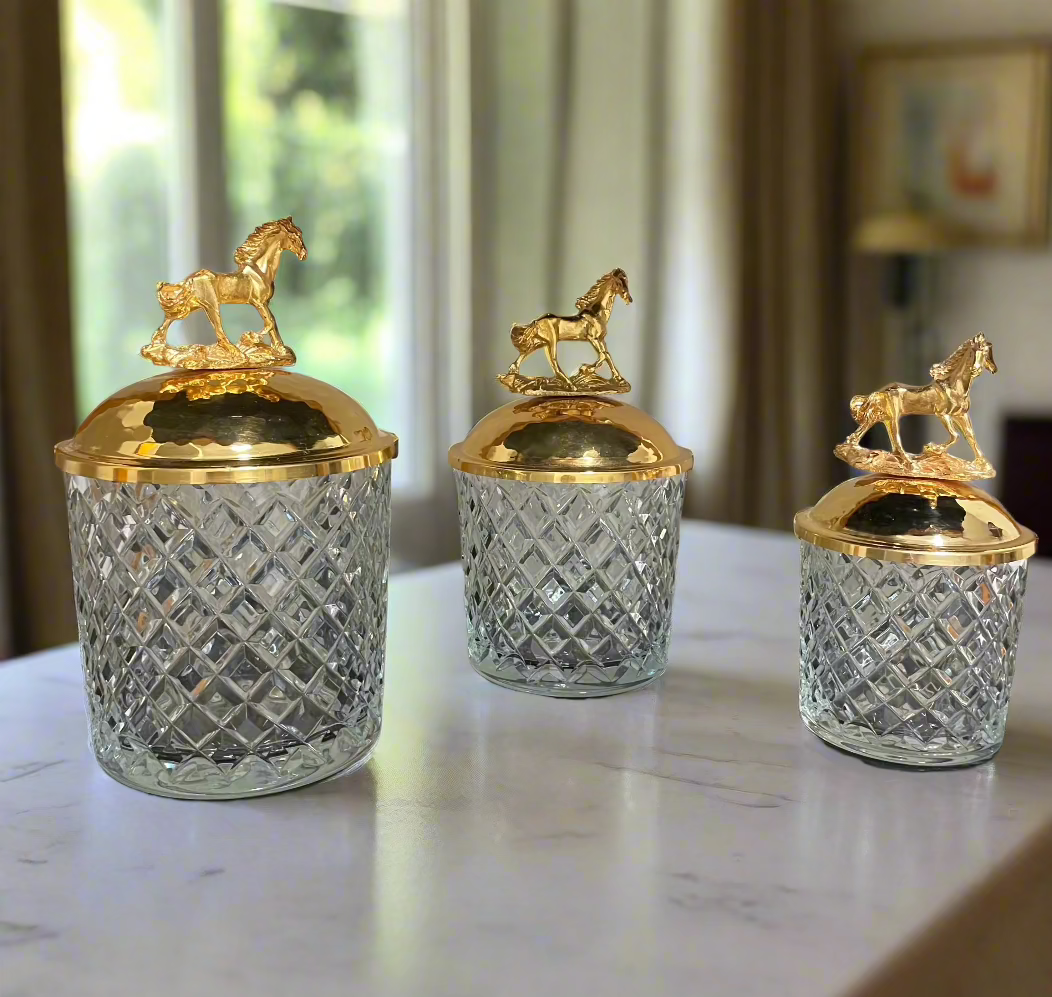 3 piece set, Glass/Golden horse