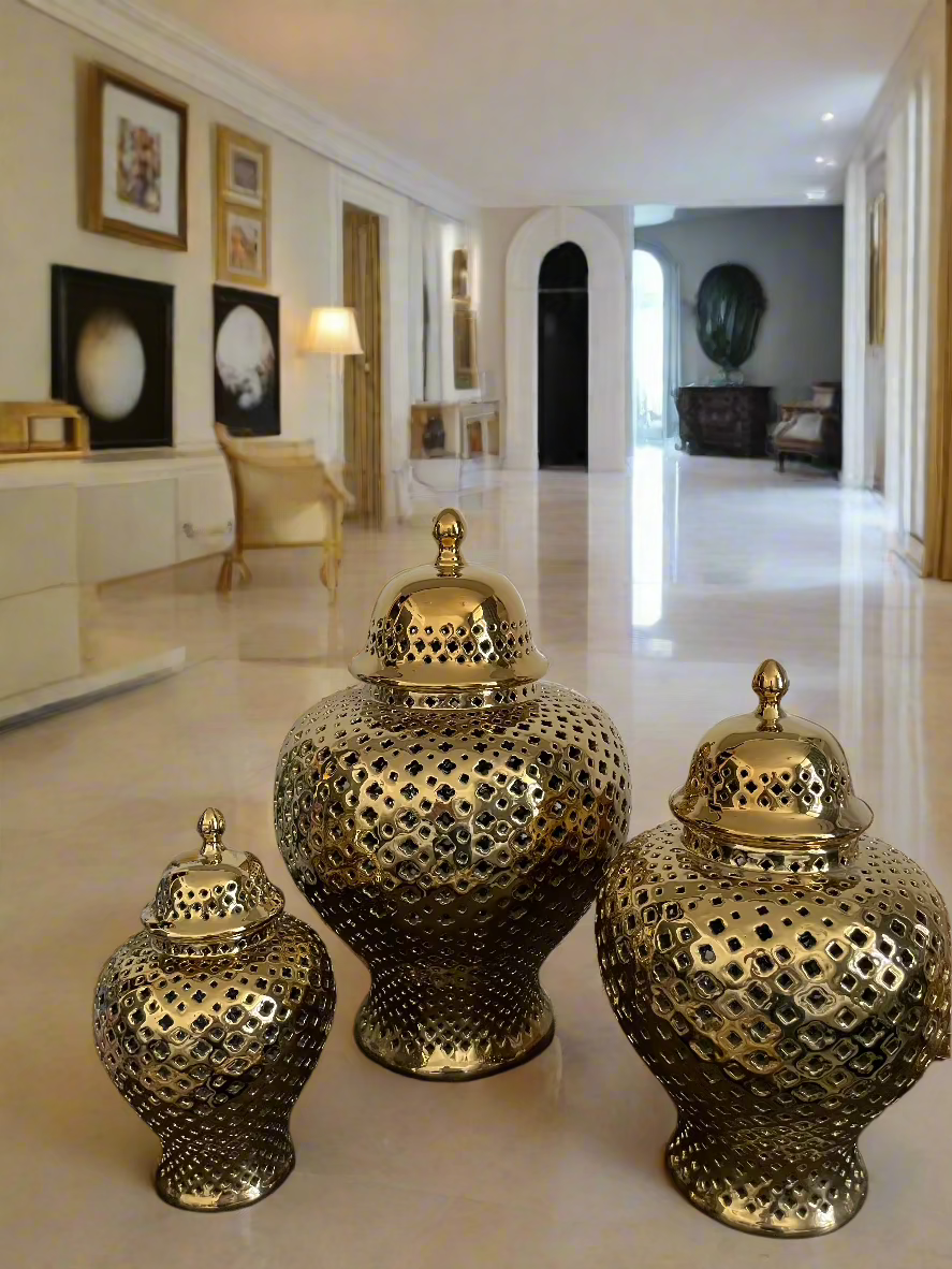 3-Piece Decorative Jars, Golden Mesh