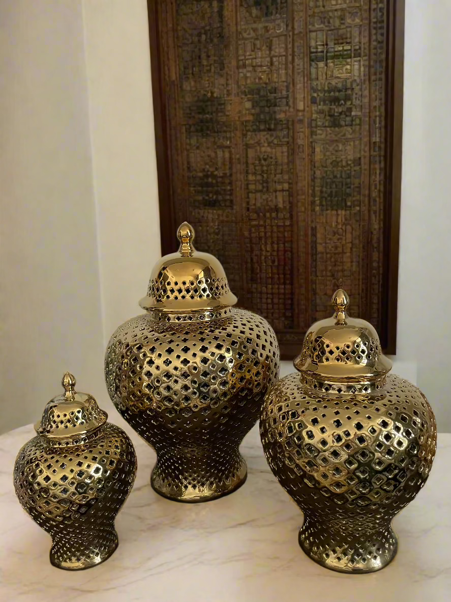 3-Piece Decorative Jars, Golden Mesh