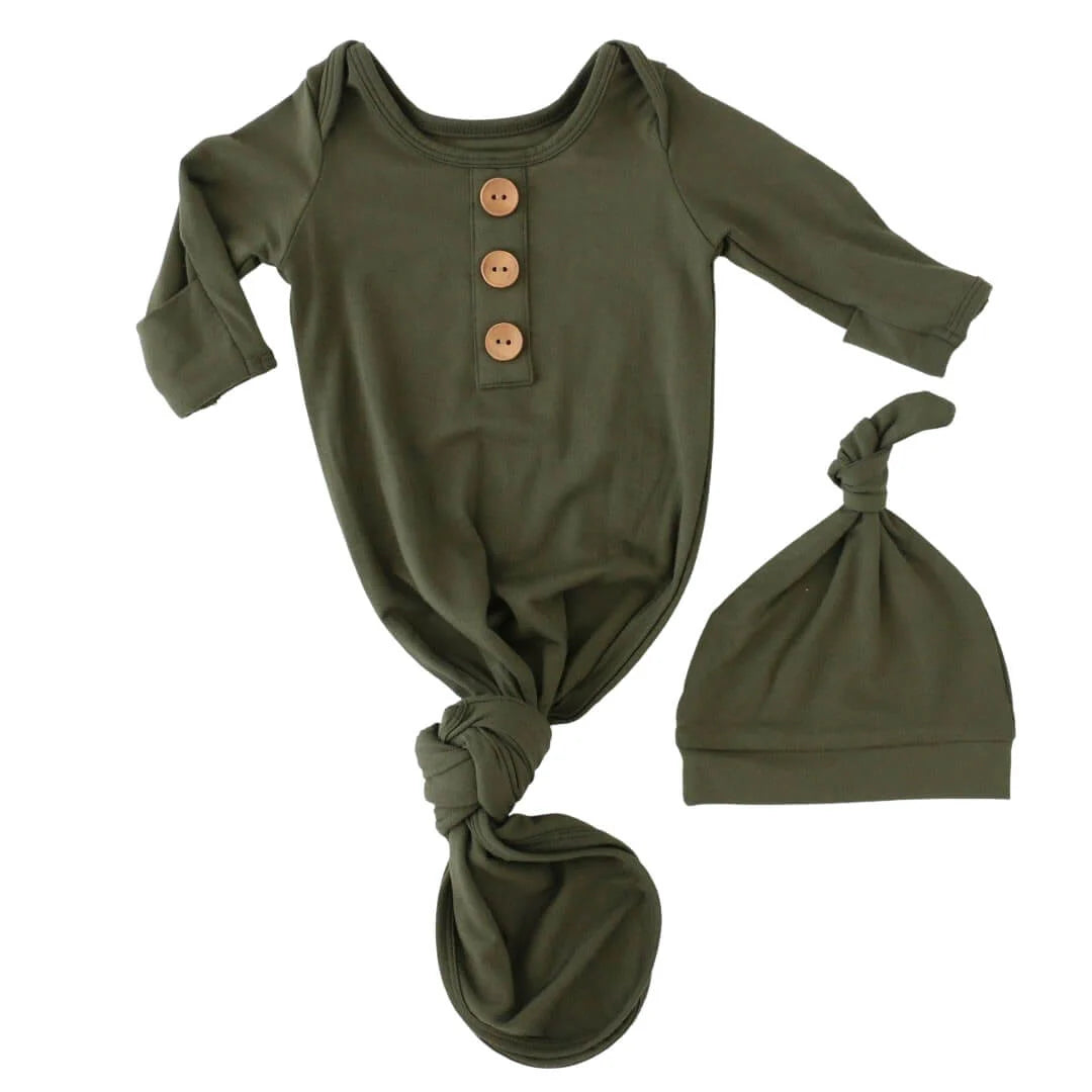 Solid Olive Bamboo Baby Knot Gown & Hat*
