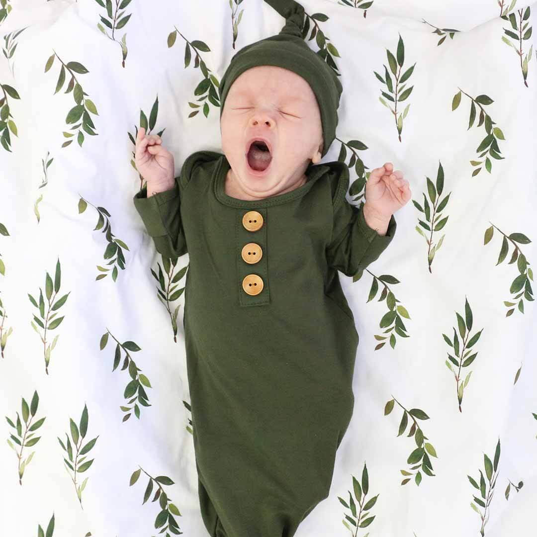 Solid Olive Bamboo Baby Knot Gown & Hat*
