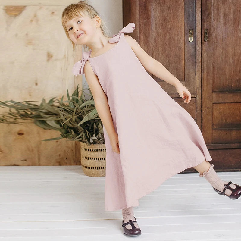 Girls Linen Adjustable Ribbon Dress Summer New Children&