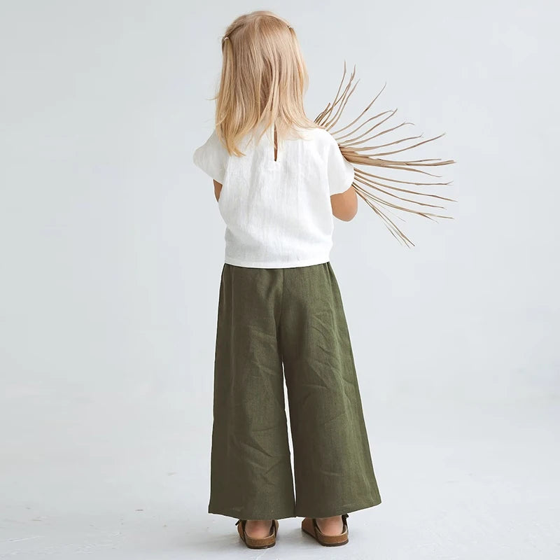Retro Cotton and Linen Loose Wide-Legged Pants for Girls Summer New Children&