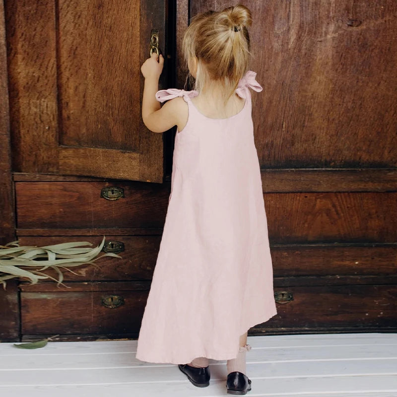 Girls Linen Adjustable Ribbon Dress Summer New Children&