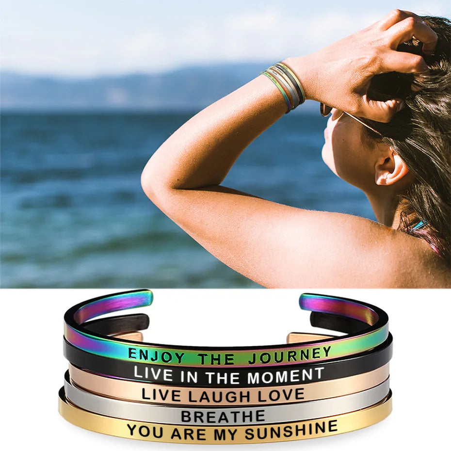 Women Stainless Steel Bangle Inspirational Bracelets Custom Mantra Cuff Band Jewelry Gift for Women