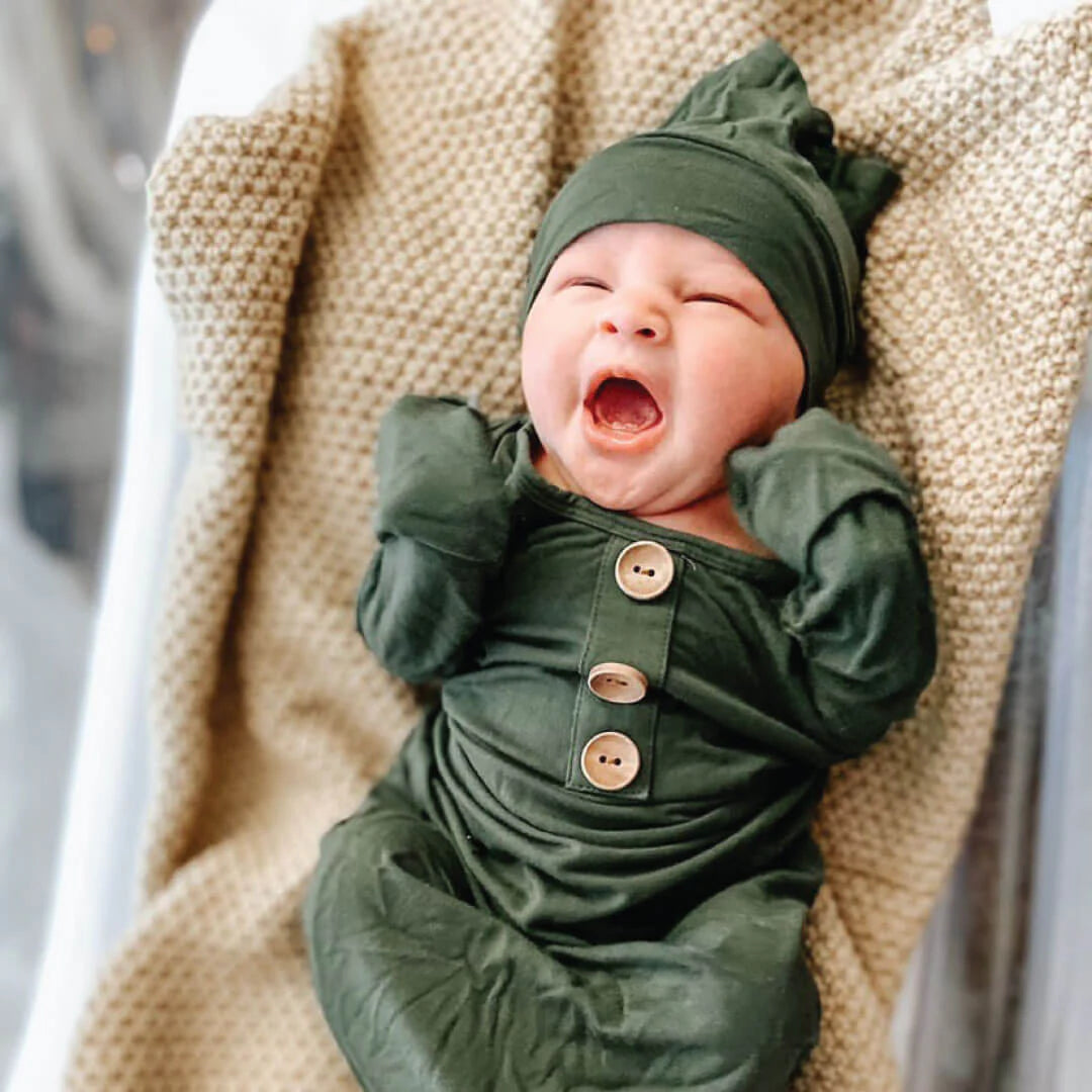 Solid Olive Bamboo Baby Knot Gown & Hat*