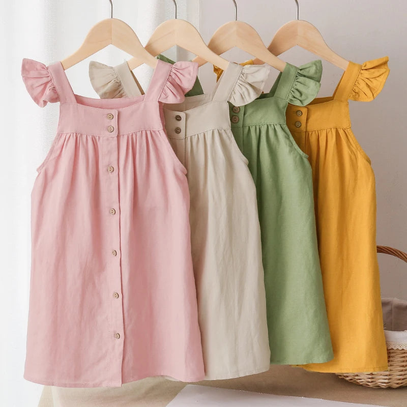 Girls Cotton and Linen Strap Dress Summer New Style Children&