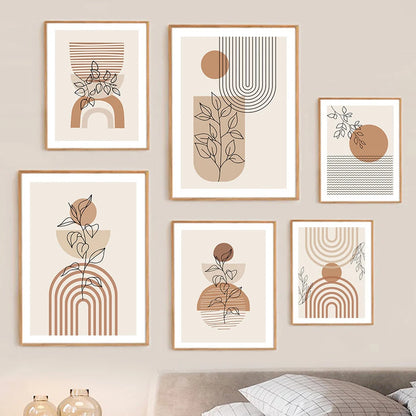 Boho Rainbow Sun Beige Abstract Leaves Poster Canvas Painting Wall Art Print Pictures Bedroom Living Room Interior Home Decor