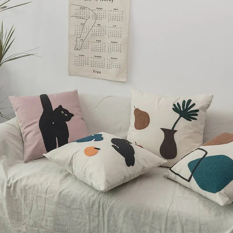 Cheeky Cat &amp; Monstera Leaf Embroidered Cushion Cover
