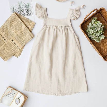 Girls Cotton and Linen Strap Dress Summer New Style Children&