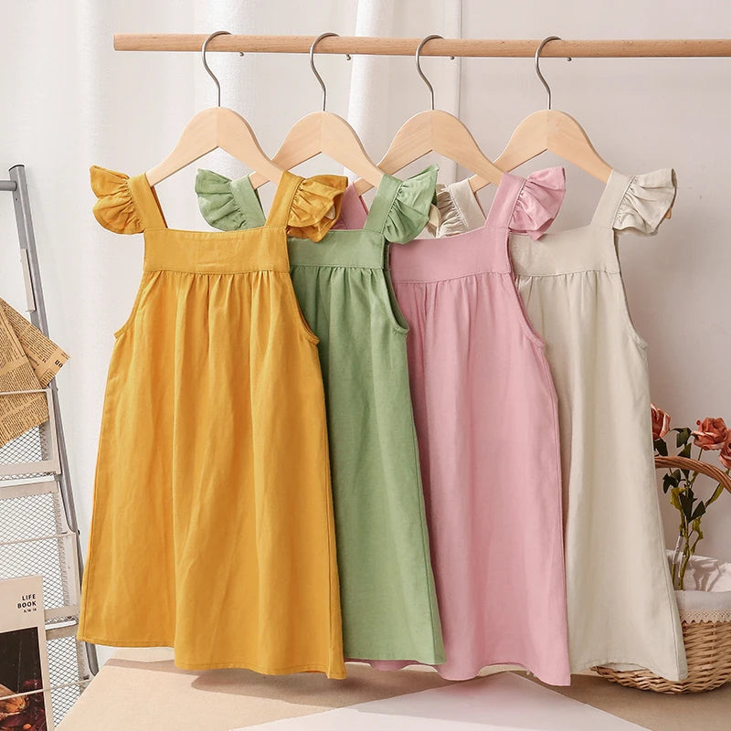 Girls Cotton and Linen Strap Dress Summer New Style Children&