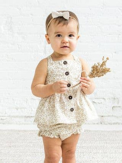 Baby Birdie Linen Ruffle Tank Set - Velma Floral / Latte