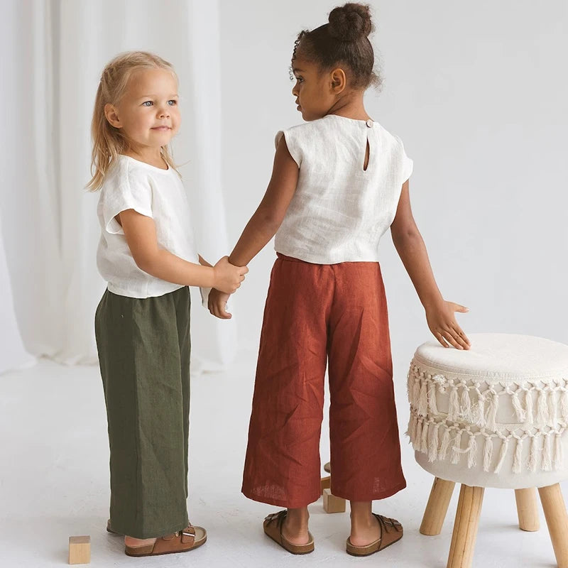 Retro Cotton and Linen Loose Wide-Legged Pants for Girls Summer New Children&