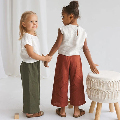 Retro Cotton and Linen Loose Wide-Legged Pants for Girls Summer New Children&