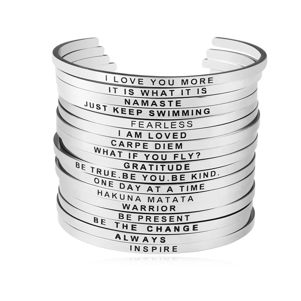 Women Stainless Steel Bangle Inspirational Bracelets Custom Mantra Cuff Band Jewelry Gift for Women