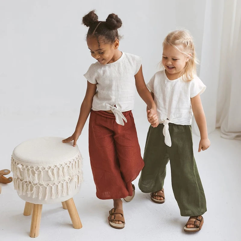 Retro Cotton and Linen Loose Wide-Legged Pants for Girls Summer New Children&