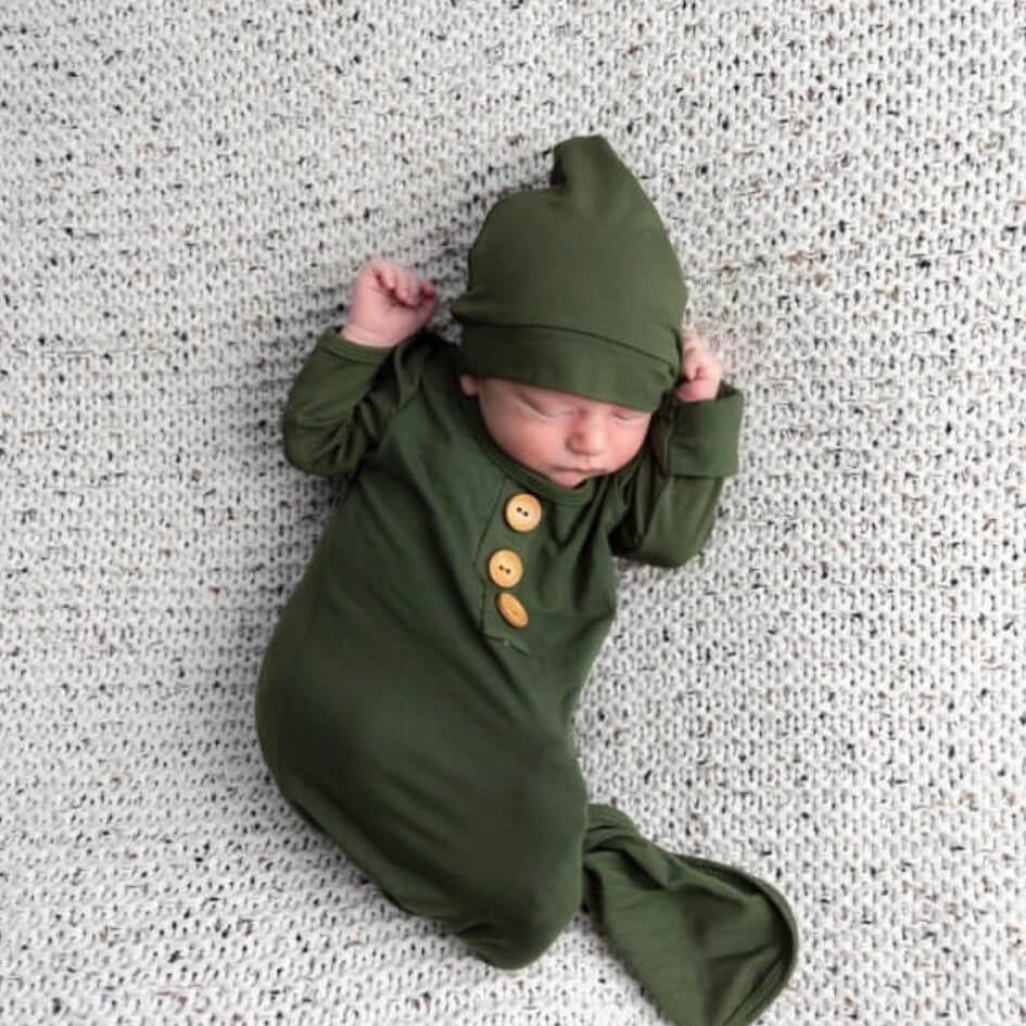 Solid Olive Bamboo Baby Knot Gown & Hat*