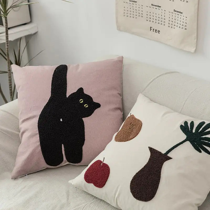 Cheeky Cat &amp; Monstera Leaf Embroidered Cushion Cover