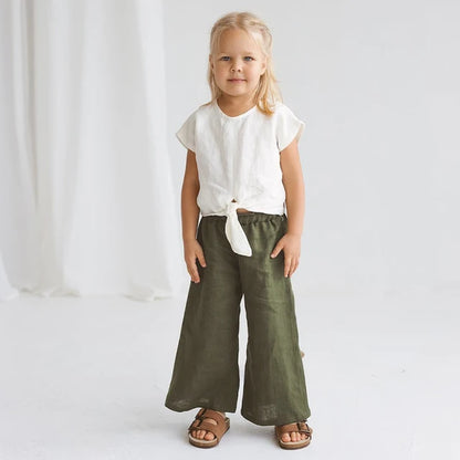 Retro Cotton and Linen Loose Wide-Legged Pants for Girls Summer New Children&
