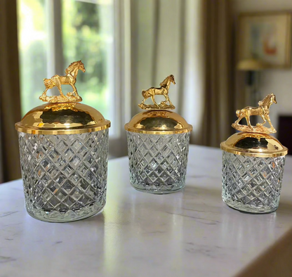 3 piece set, Glass/Golden horse