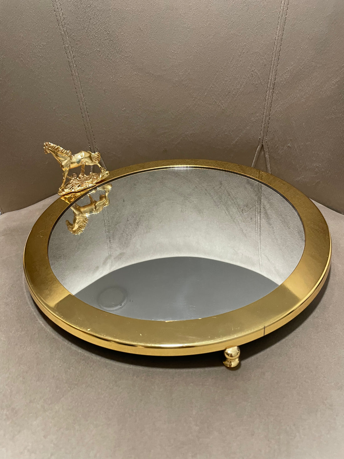 Round Tray with Mirror, Golden Horse