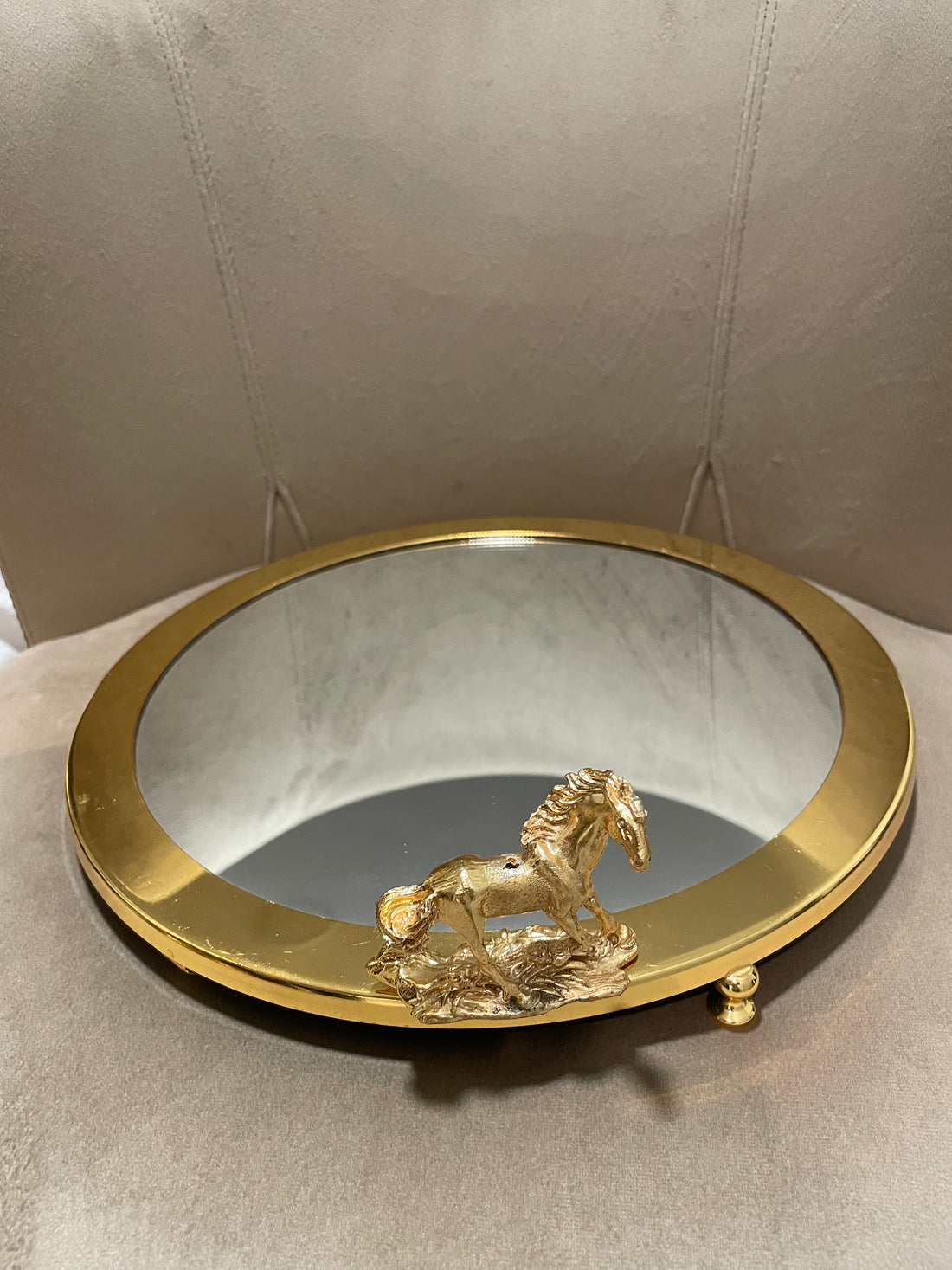 Round Tray with Mirror, Golden Horse