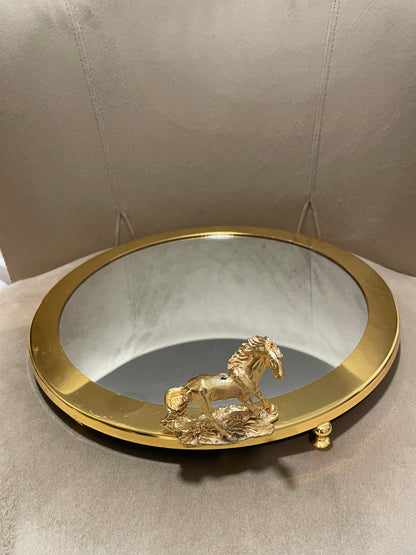 Round Tray with Mirror, Golden Horse