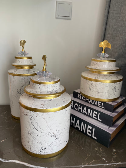 Three-piece Ginger Vases, Sea Shell Design. Antique feel