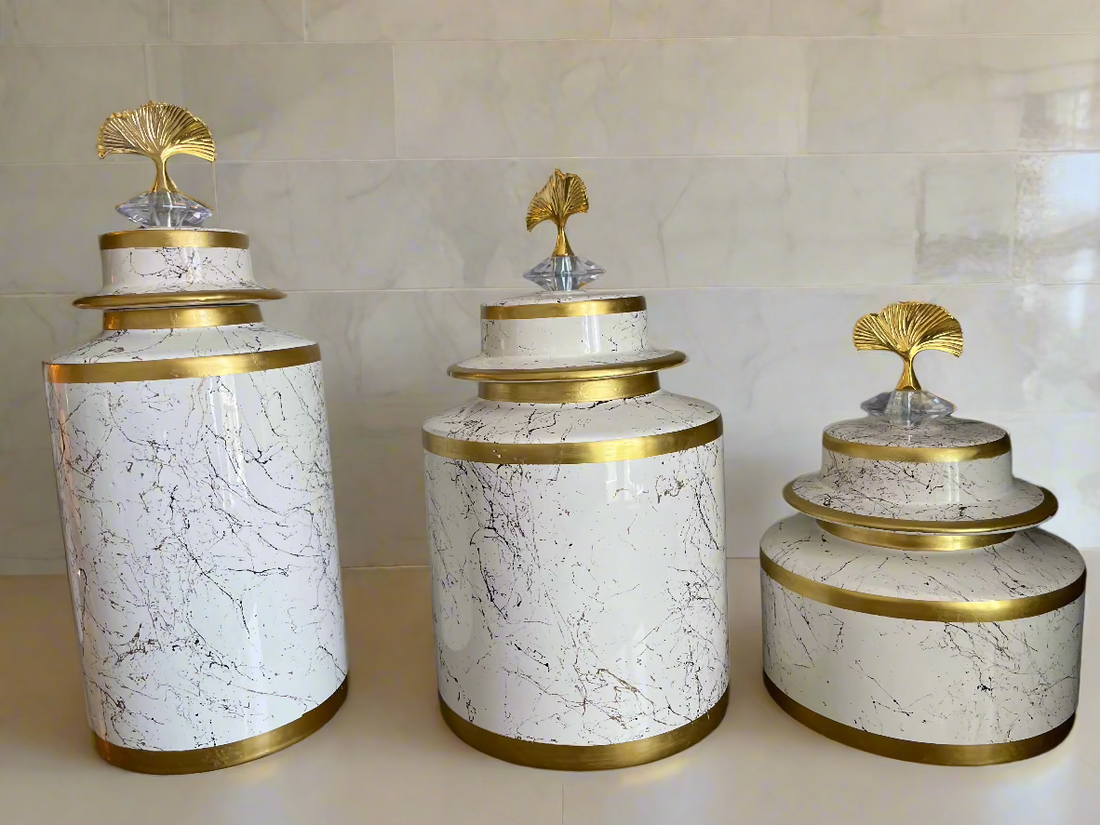 Three-piece Ginger Vases, Sea Shell Design. Antique feel