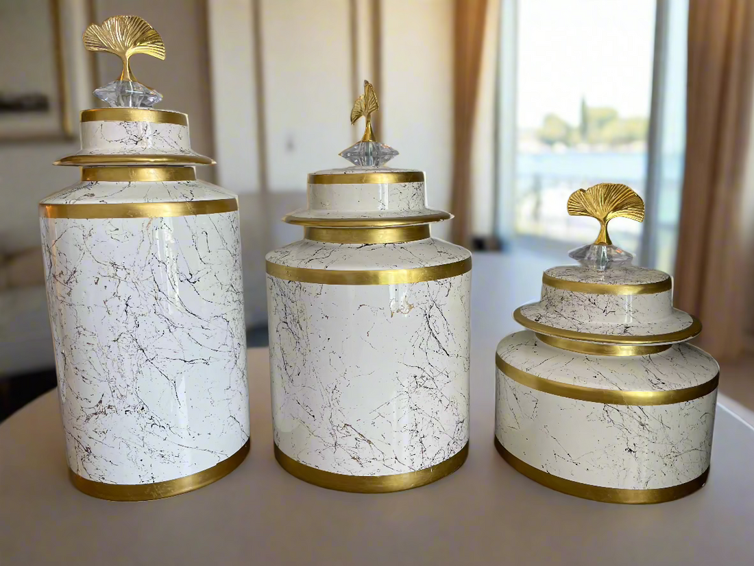 Three-piece Ginger Vases, Sea Shell Design. Antique feel