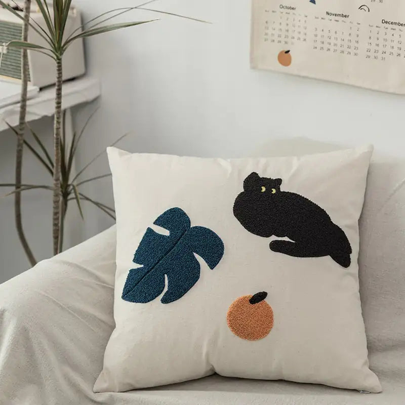 Cheeky Cat &amp; Monstera Leaf Embroidered Cushion Cover