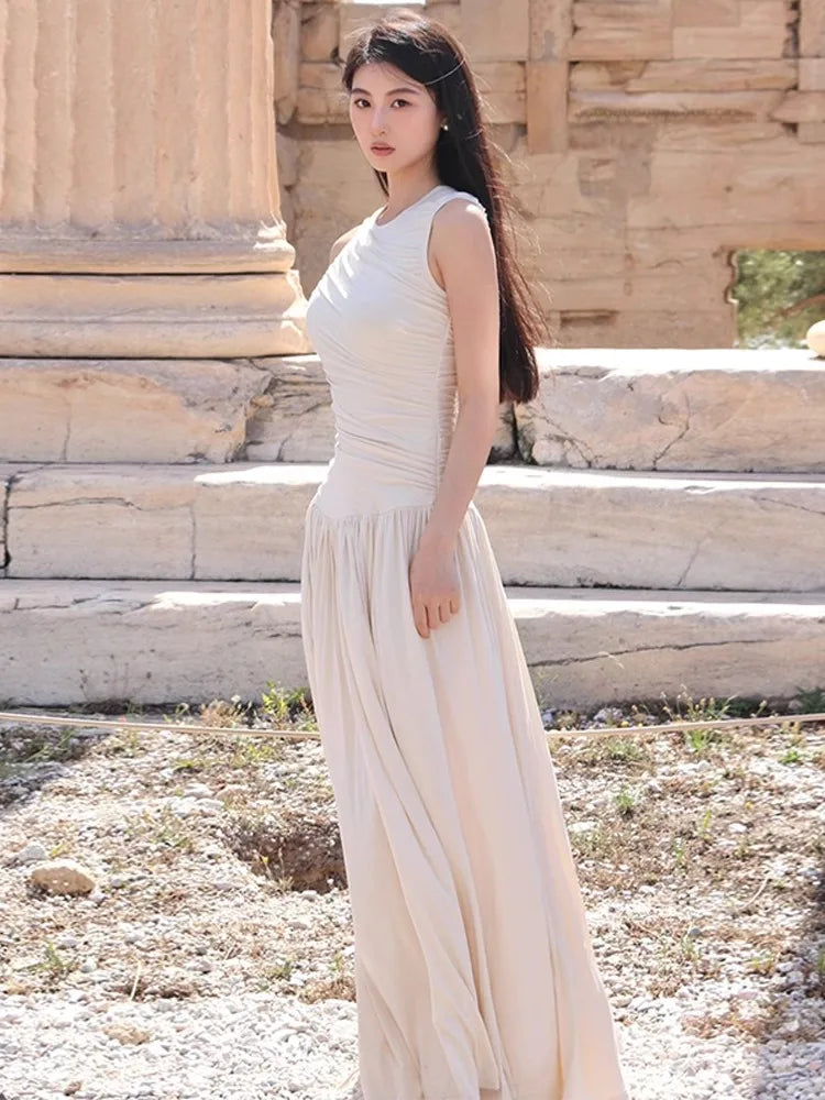 White Pleated Long Summer Dress For Women