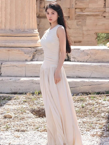 White Pleated Long Summer Dress For Women